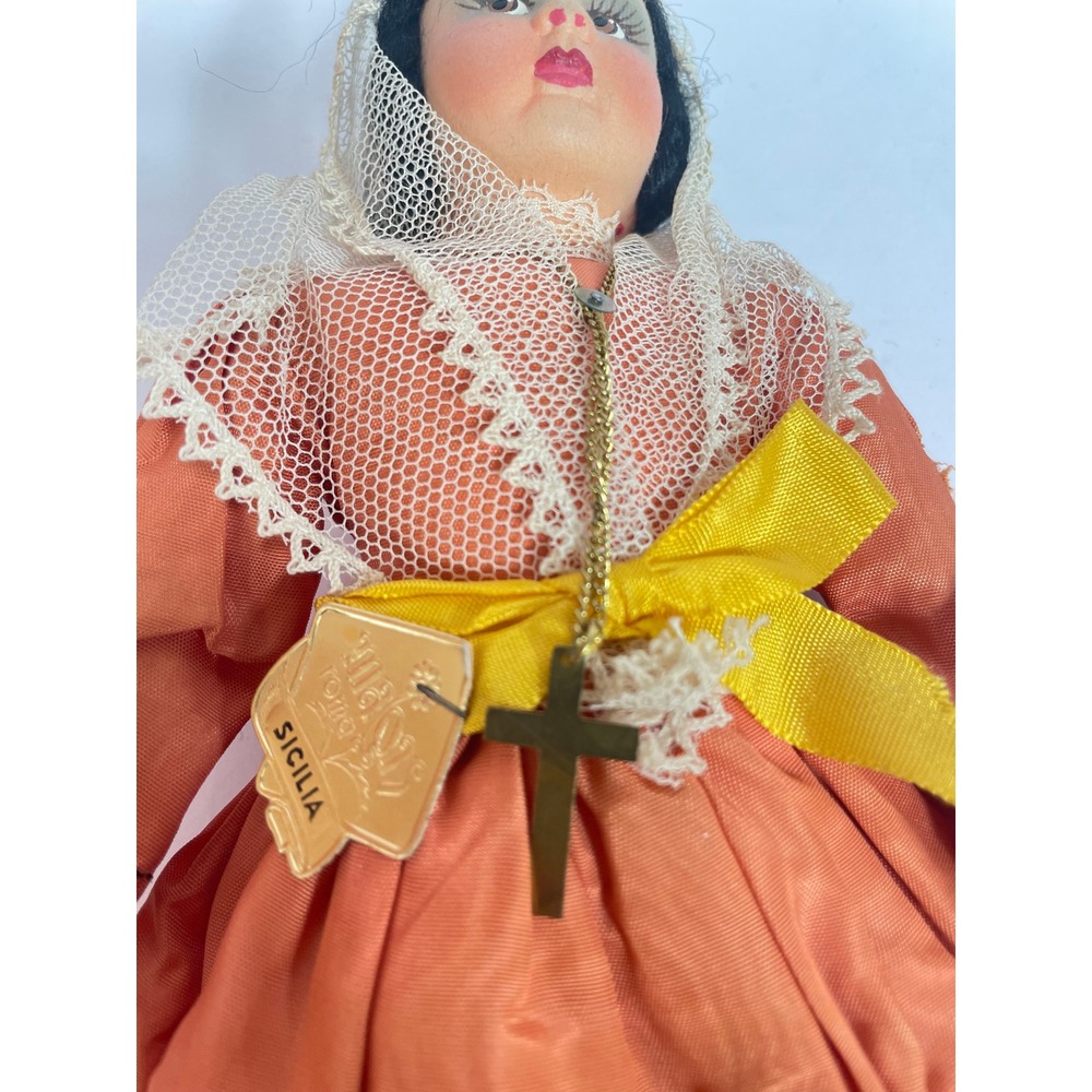 Vintage Sicilia Italian Souvenir Doll Orange Lace Dress Straw Basket Sicily 10" - Picture 2 of 5